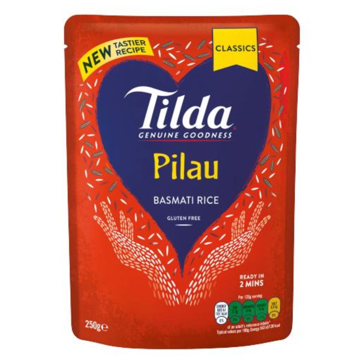Packaging of Tilda - Microwave Pilau Basmati Rice - 250g, gluten-free, with a new tastier recipe, ready in 2 minutes.