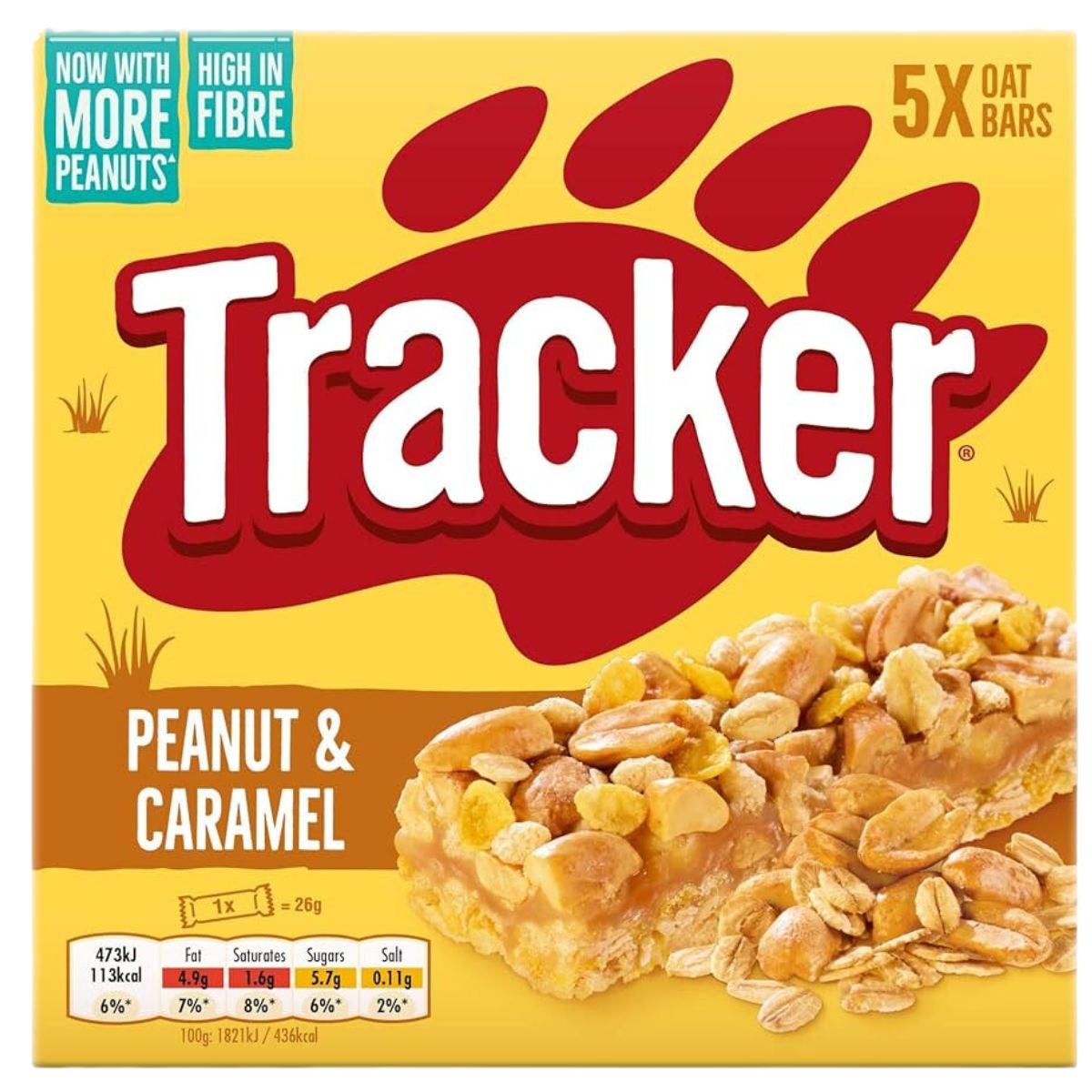 Packaging for Tracker - Crunchy Peanut Cereal Bars. Highlights: high in fiber, more peanuts, 473 kcal per 100g. Contains five bars. Packaging for Tracker - Crunchy Peanut Cereal Bars. Highlights: high in fiber, more peanuts, 473 kcal per 100g. Contains five bars.
