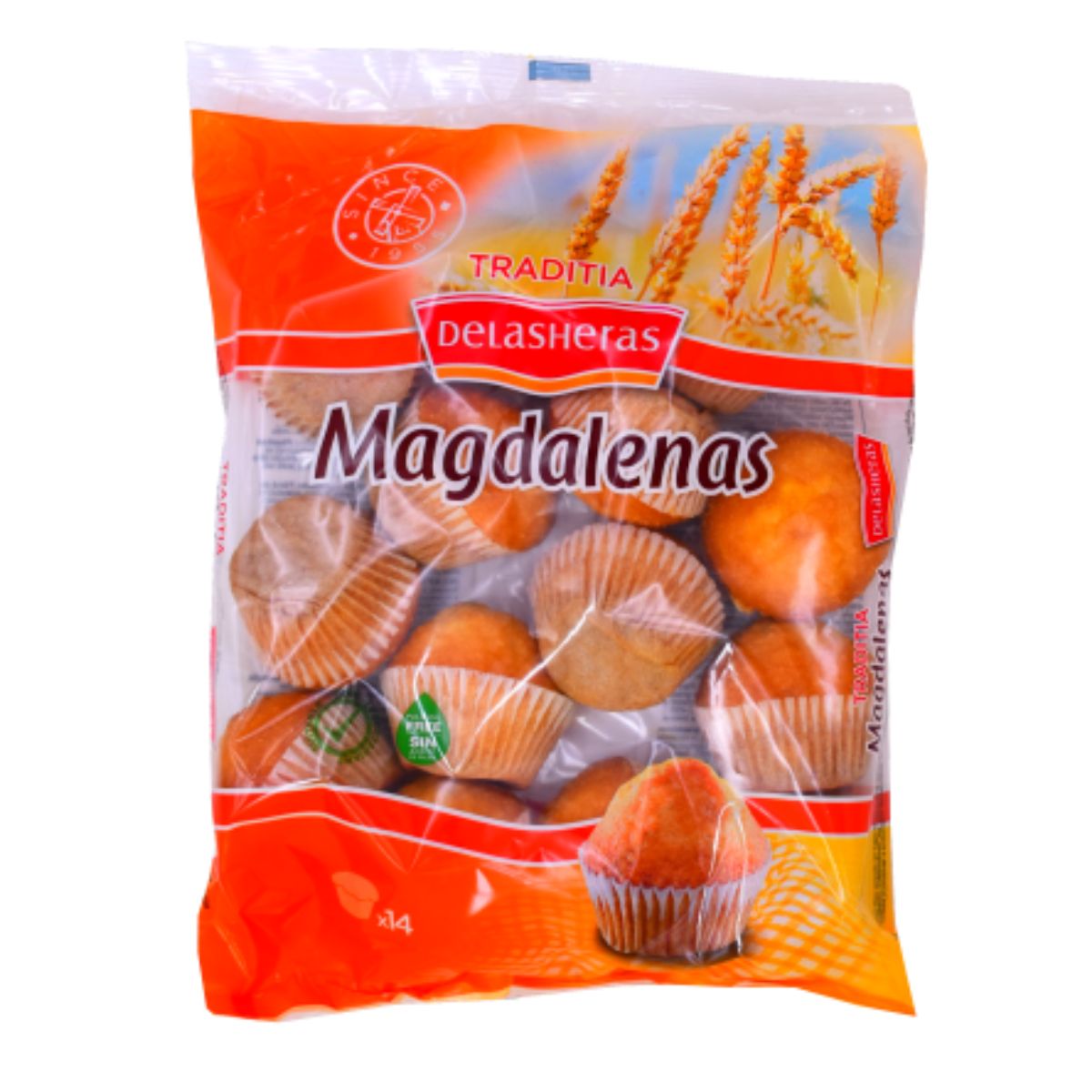 A package of Traditia Delasheras - Magdalenas - 350g, containing 14 sponge cakes, with a clear display of the product against a white background.