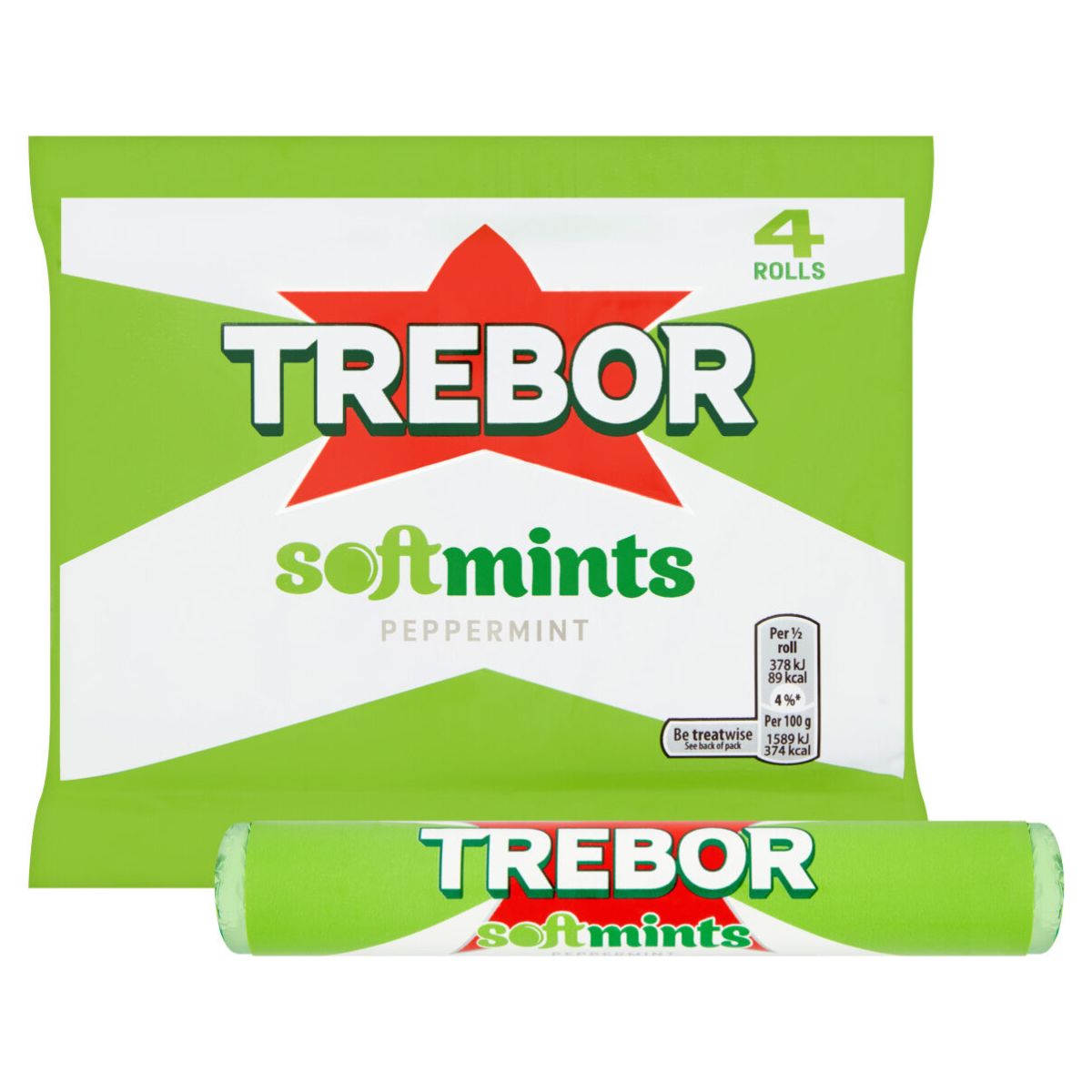 Trebor Softmints Peppermint 4 Rolls (152g) offers cool refreshment, featuring four rolls with one displayed in front of the pack. Trebor Softmints Peppermint 4 Rolls (152g) offers cool refreshment, featuring four rolls with one displayed in front of the pack.