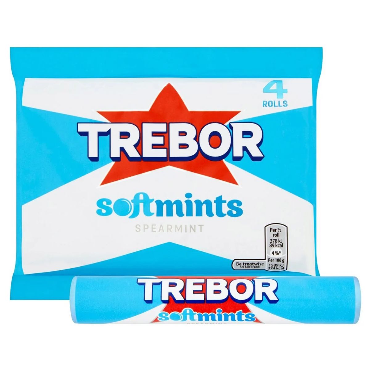 A 152g pack of Trebor Spearmint Softmints (4 rolls), featuring a blue and white design with a red star, offers minty candies for fresh breath, with one roll shown in front. A 152g pack of Trebor Spearmint Softmints (4 rolls), featuring a blue and white design with a red star, offers minty candies for fresh breath, with one roll shown in front.