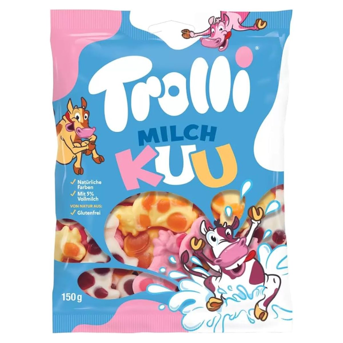 Trolli - Milk Cows Gummy Sweets, 150g pack, showcases cartoon cows and colorful gummies with fruity flavors using natural colors, containing 5% milk and gluten-free. Trolli - Milk Cows Gummy Sweets, 150g pack, showcases cartoon cows and colorful gummies with fruity flavors using natural colors, containing 5% milk and gluten-free.