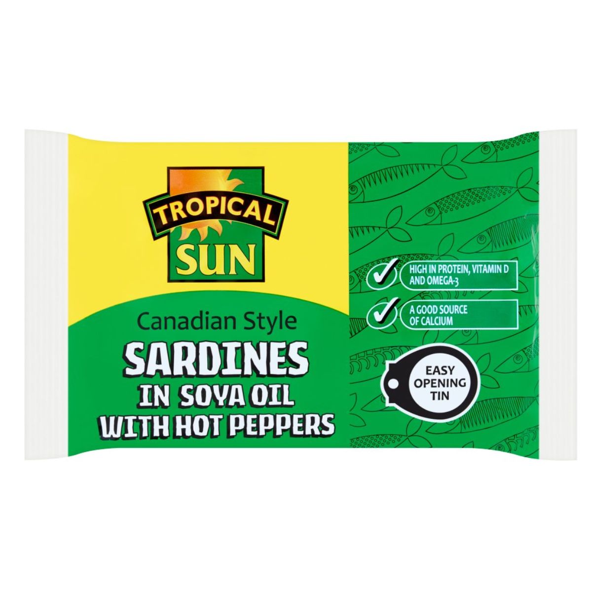 A can of Tropical Sun - Canadian Style Sardines in Soya Oil with Hot Peppers - 106g.