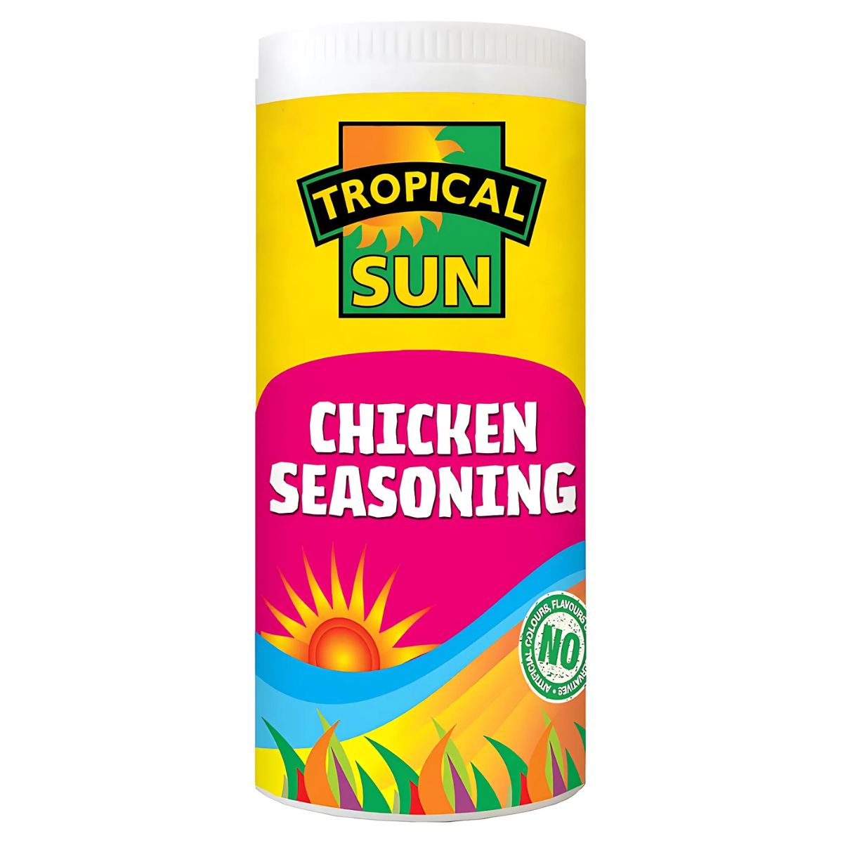 A 100g container of Tropical Sun Chicken Seasoning, with a sun and field design on the label, blends tasty herbs and spices to enhance your dishes. A 100g container of Tropical Sun Chicken Seasoning, with a sun and field design on the label, blends tasty herbs and spices to enhance your dishes.