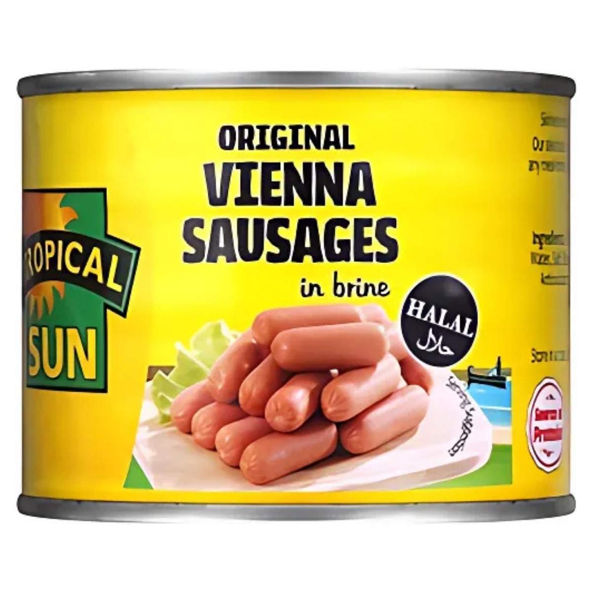 Can of Tropical Sun - Original Vienna Sausages In Brine (200g), labeled as halal certified. Can of Tropical Sun - Original Vienna Sausages In Brine (200g), labeled as halal certified.