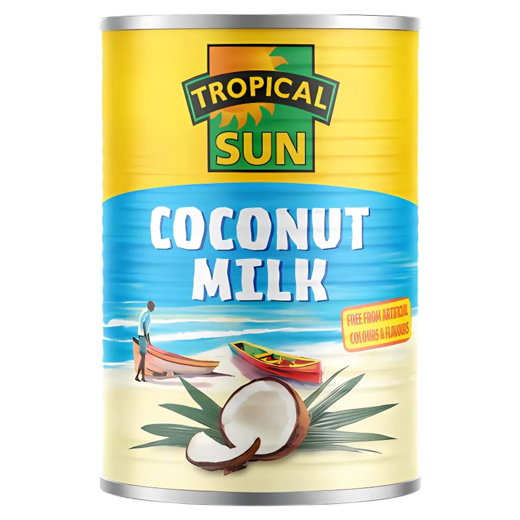 A 400ml can of Tropical Sun Coconut Milk featuring a beach scene, boats, and palm leaves with coconuts on the label. The text highlights that this coconut milk has no artificial colors or flavors. A 400ml can of Tropical Sun Coconut Milk featuring a beach scene, boats, and palm leaves with coconuts on the label. The text highlights that this coconut milk has no artificial colors or flavors.