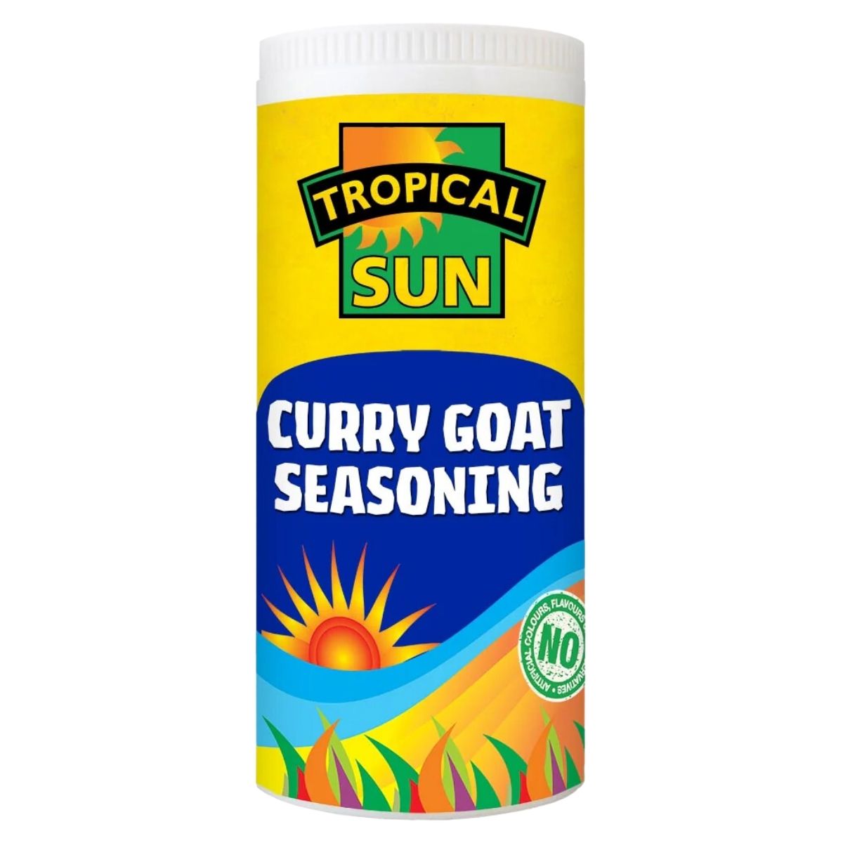 Tropical Sun's Curry Goat Seasoning - 100g, with a Caribbean twist, is packaged in a vibrant yellow cylindrical container featuring blue and green accents, a sun illustration, and a "No Artificial Flavors" label. Tropical Sun's Curry Goat Seasoning - 100g, with a Caribbean twist, is packaged in a vibrant yellow cylindrical container featuring blue and green accents, a sun illustration, and a "No Artificial Flavors" label.