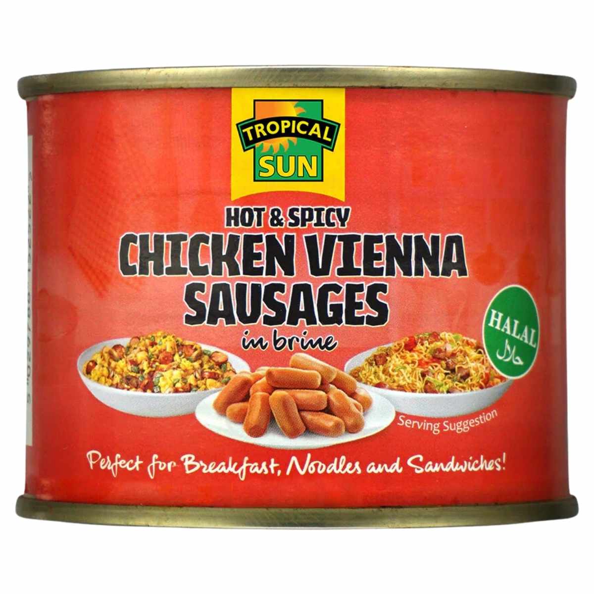 A 200g can of Tropical Sun Hot Spicy Chicken Vienna Sausages (Halal) in brine, ideal for breakfast, noodle dishes, and sandwiches. A 200g can of Tropical Sun Hot Spicy Chicken Vienna Sausages (Halal) in brine, ideal for breakfast, noodle dishes, and sandwiches.