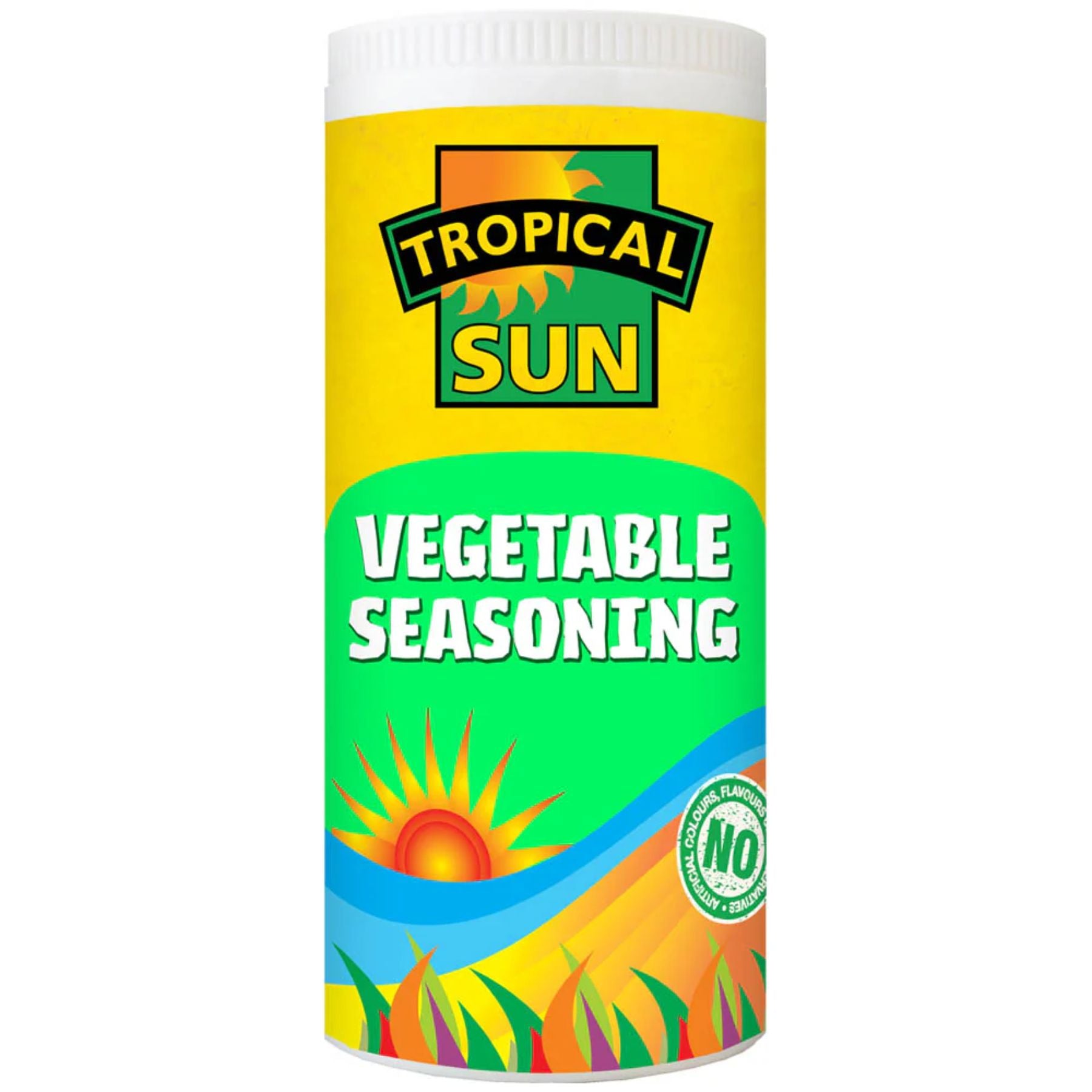 A 100g cylindrical container of Tropical Sun Vegetable Seasoning with a yellow, green, and blue label featuring a sun and "NO added MSG. A 100g cylindrical container of Tropical Sun Vegetable Seasoning with a yellow, green, and blue label featuring a sun and "NO added MSG.