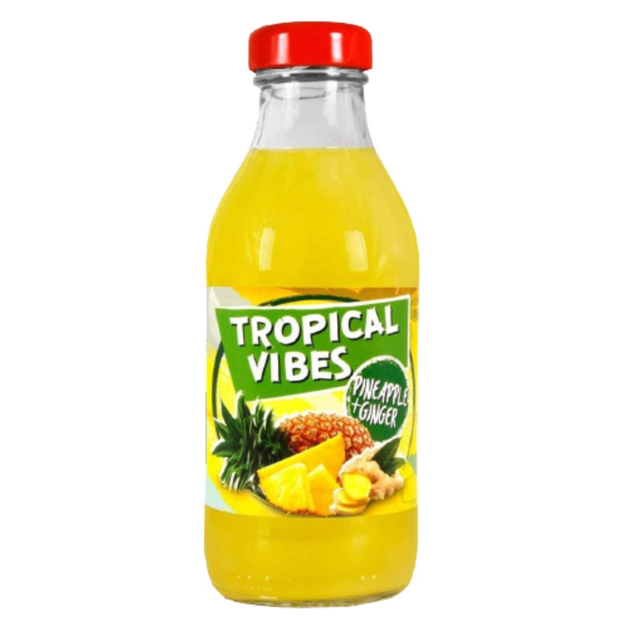 A bottle of Tropical Vibes - Pineapple & Ginger Drink - 300ml on a white background. A bottle of Tropical Vibes - Pineapple & Ginger Drink - 300ml on a white background.