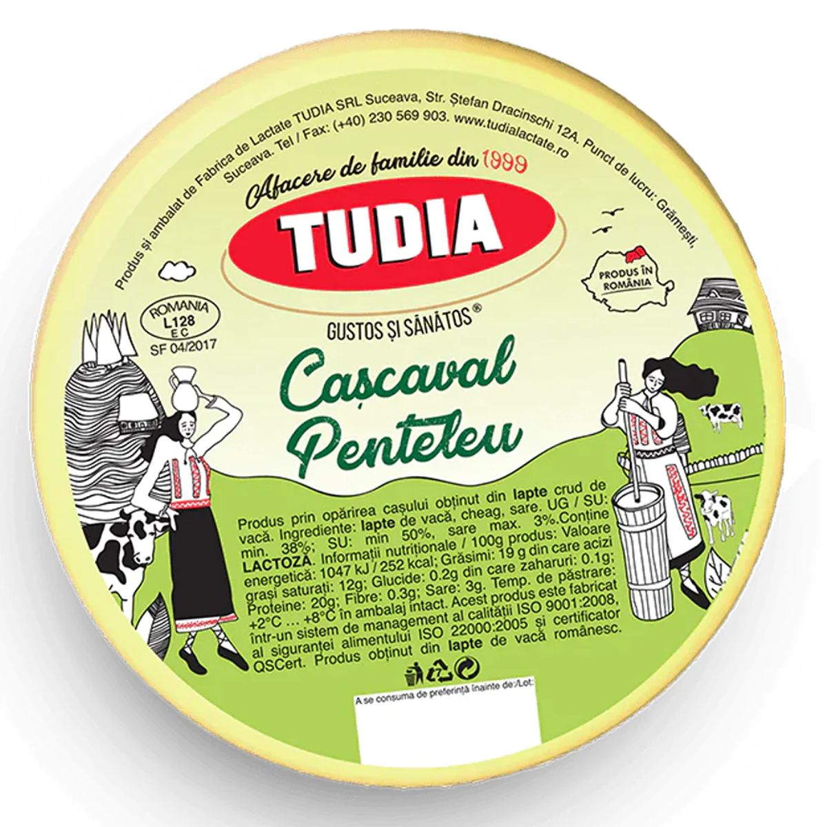 Label for a traditional romanian cheese product called "Tudia - Cheese Penteleu - 400g," highlighting its family tradition since 1999 and showcasing some nutritional information and ingredients.