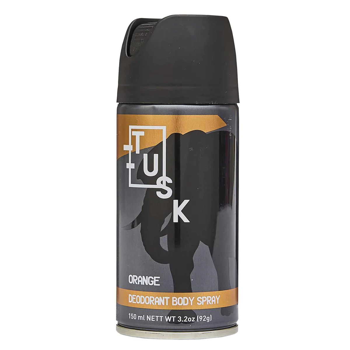 Tusk - Orange Deodorant Body Spray - 150ml bottle with "tusk" branding, isolated on a white background.