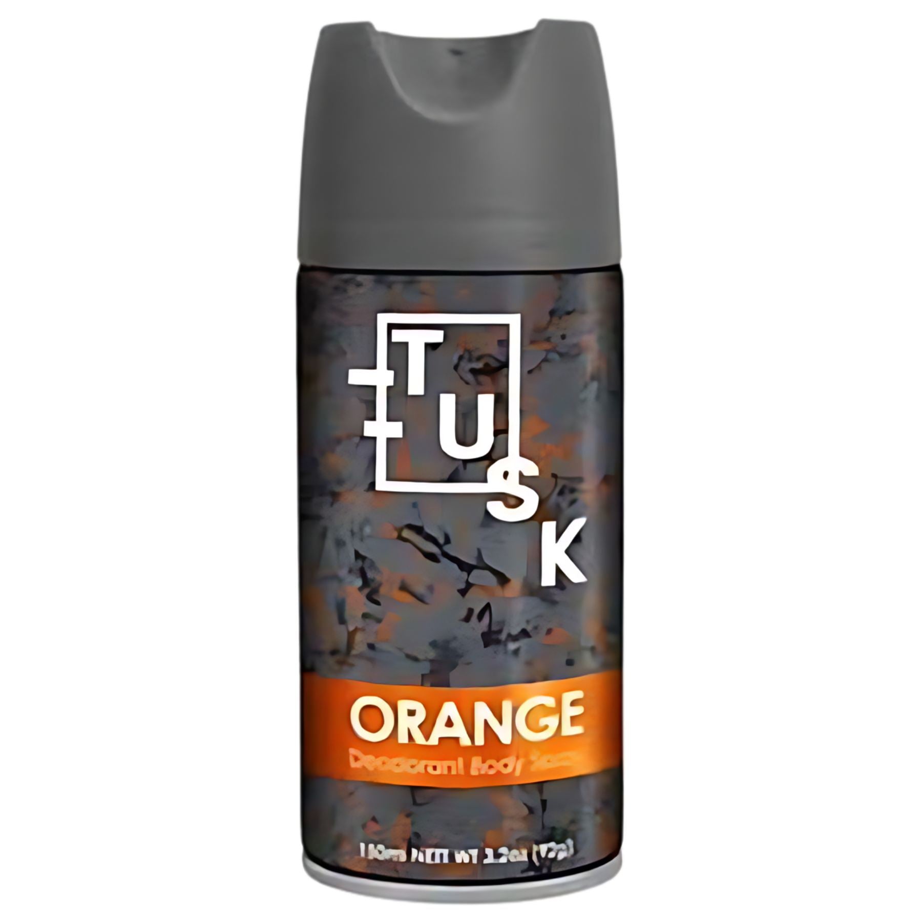 A can of Tusk Orange Deodorant Body Spray (150ml) features a gray cap and camouflage pattern, providing long-lasting odor protection and a fresh citrus scent. The product name and volume are clearly labeled. A can of Tusk Orange Deodorant Body Spray (150ml) features a gray cap and camouflage pattern, providing long-lasting odor protection and a fresh citrus scent. The product name and volume are clearly labeled.