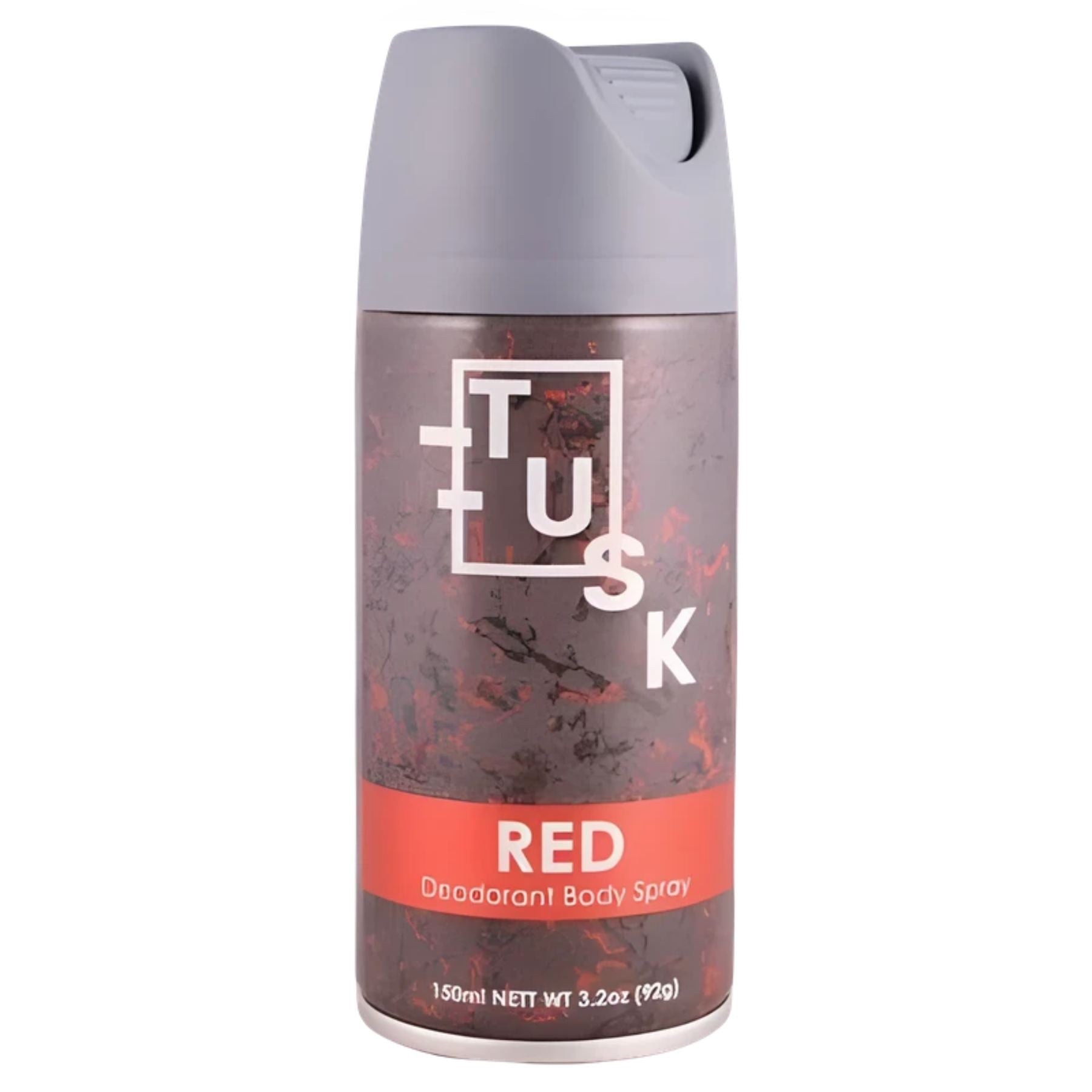 Tusk - Red Deodorant Body Spray 150ml provides long-lasting fragrance and reliable odor protection in a sleek can with a grey cap and marbled dark red label. Tusk - Red Deodorant Body Spray 150ml provides long-lasting fragrance and reliable odor protection in a sleek can with a grey cap and marbled dark red label.