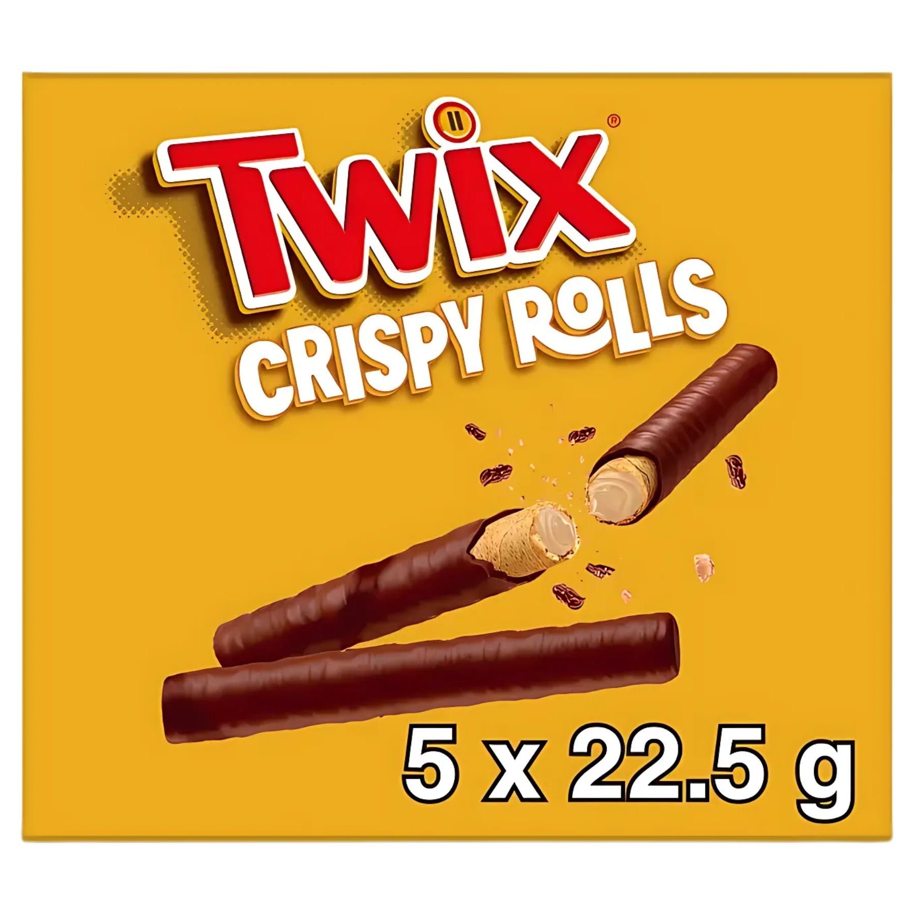 Twix - Crispy Rolls Multipack - 5 x 22.5g pack displays three chocolate-coated wafer sticks, including one broken to show the inside, with text highlighting five 22.5g rolls per pack. Twix - Crispy Rolls Multipack - 5 x 22.5g pack displays three chocolate-coated wafer sticks, including one broken to show the inside, with text highlighting five 22.5g rolls per pack.