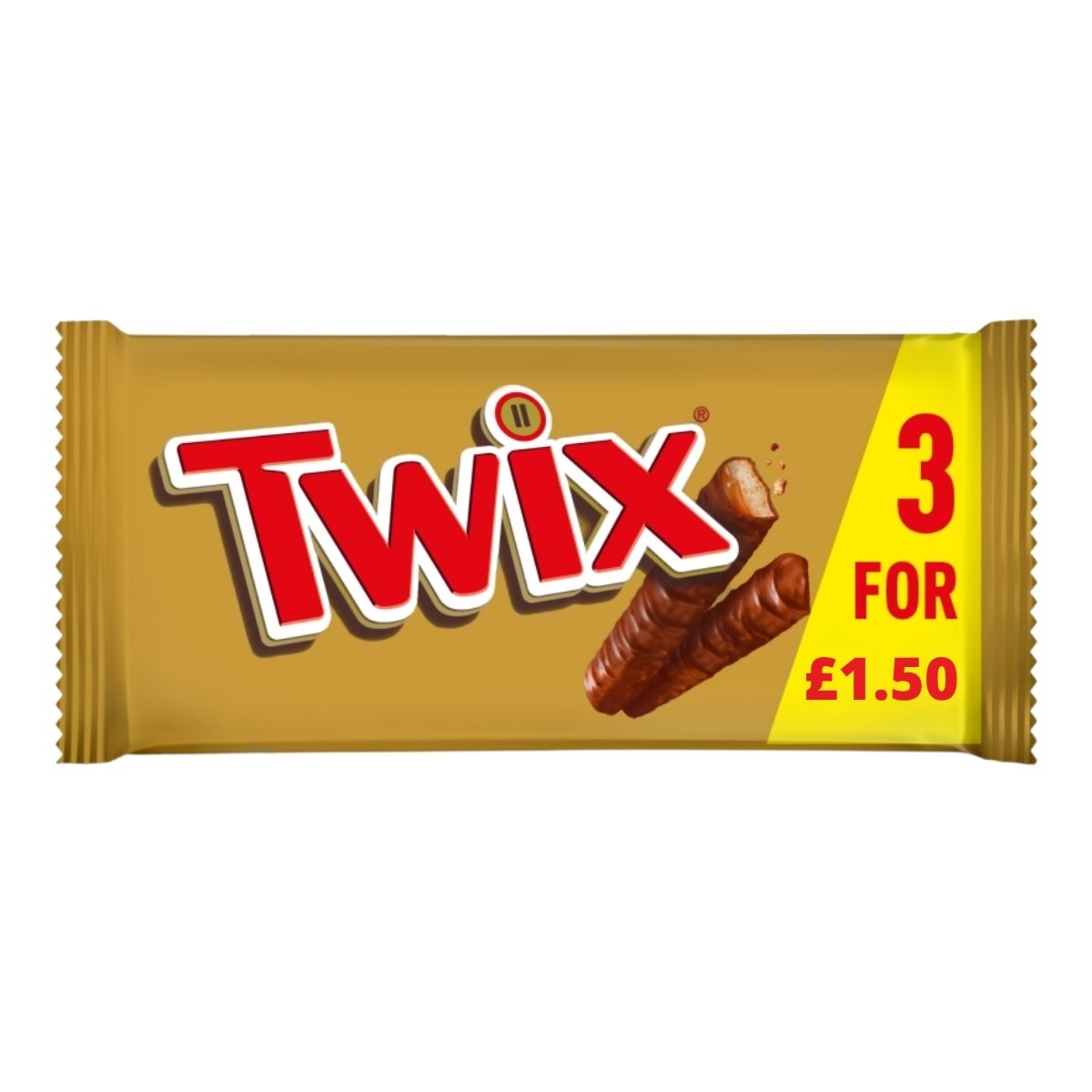 A 120g Twix Milk Chocolate Covered Caramel & Biscuit pack with bold red and white branding, featuring a yellow panel on the right stating "3 for £1.50". A 120g Twix Milk Chocolate Covered Caramel & Biscuit pack with bold red and white branding, featuring a yellow panel on the right stating "3 for £1.50".