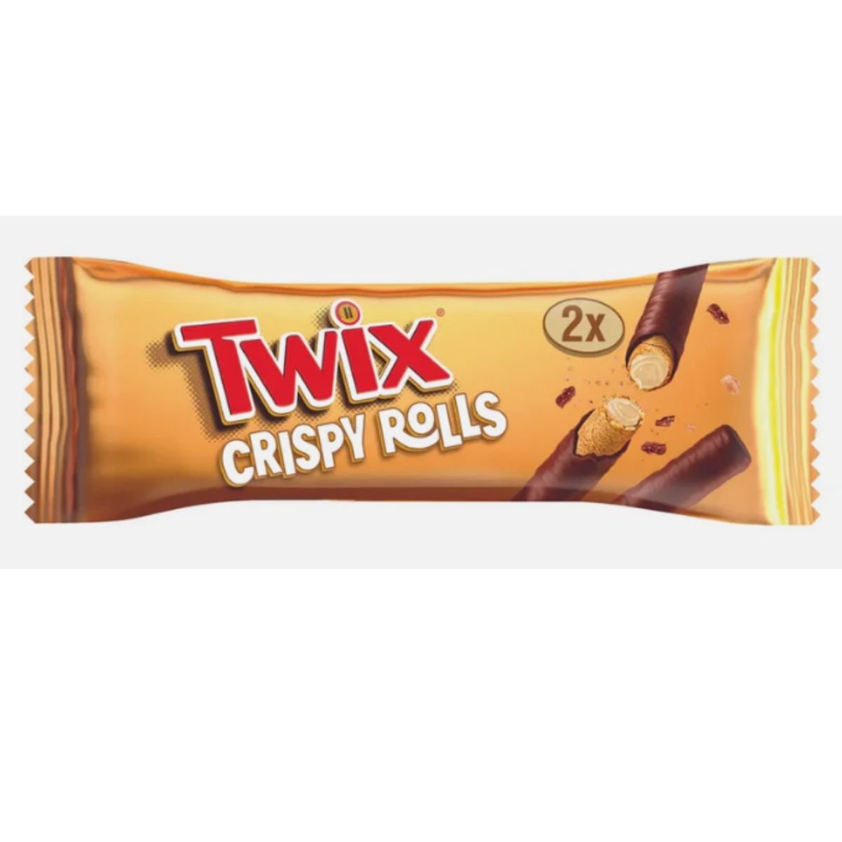 A Twix - Caramel Wafer Rolls - 22.5g pack features two caramel-filled chocolate wafer rolls and scattered crumbs on a shiny gold wrapper, highlighting the signature Twix brand. A Twix - Caramel Wafer Rolls - 22.5g pack features two caramel-filled chocolate wafer rolls and scattered crumbs on a shiny gold wrapper, highlighting the signature Twix brand.