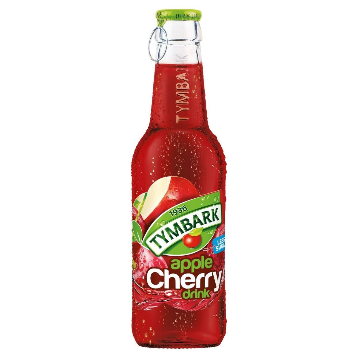 A bottle of Tymbark - Apple Cherry - 250ml soda on a white background. A bottle of Tymbark - Apple Cherry - 250ml soda on a white background.