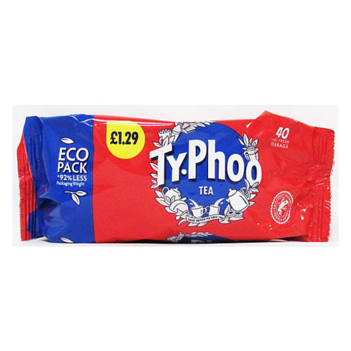 A package of Typhoo - Eco Refil Tea - 40pcs, priced at £1.29. The red and blue packaging highlights "Eco Pack - 92% Less Packaging," making it an eco-friendly option for sustainable tea lovers. A package of Typhoo - Eco Refil Tea - 40pcs, priced at £1.29. The red and blue packaging highlights "Eco Pack - 92% Less Packaging," making it an eco-friendly option for sustainable tea lovers.