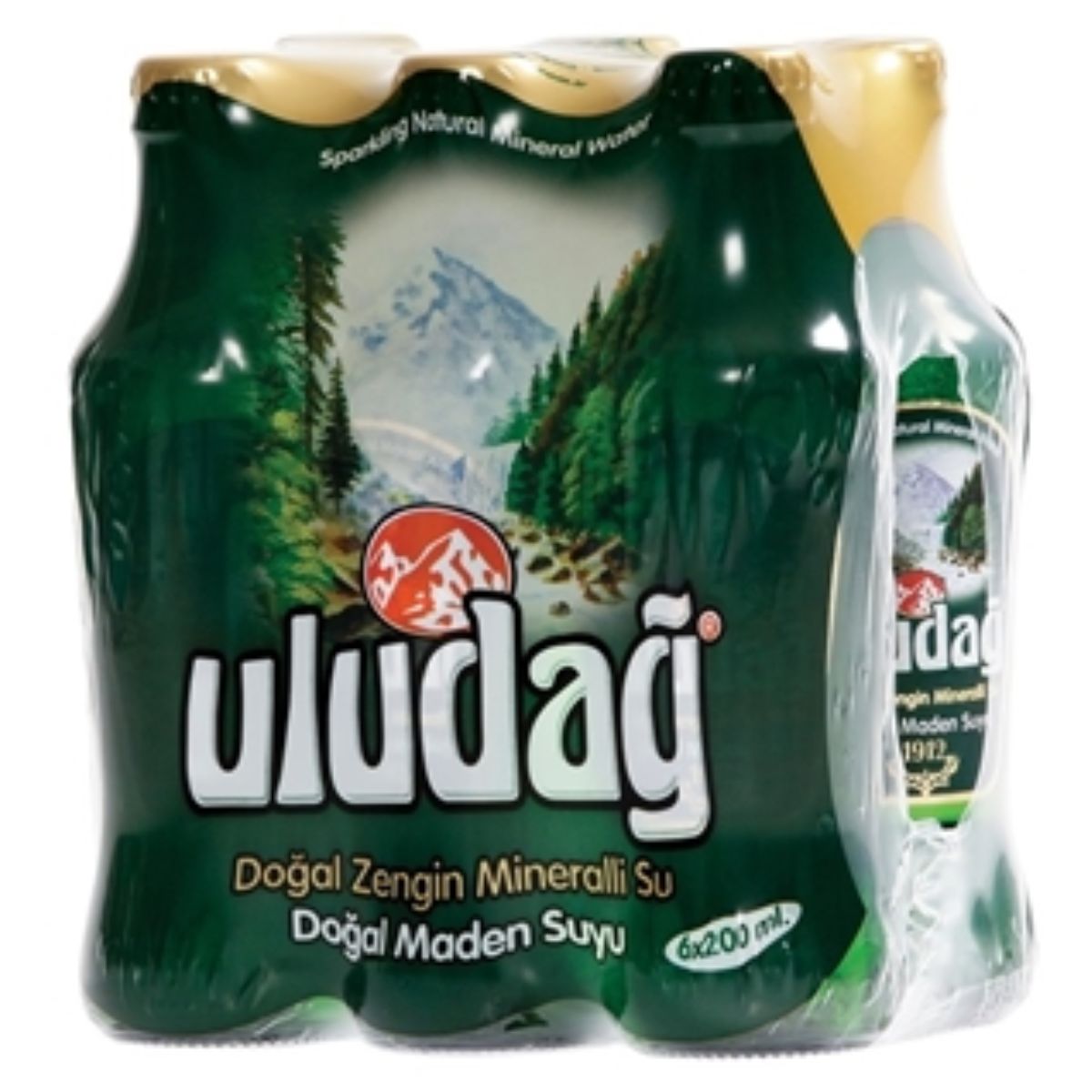 Six-pack of Uludag - Natural Sparkling Mineral Water - 6 x 200ml with green forest and mountain imagery on the labels. Six-pack of Uludag - Natural Sparkling Mineral Water - 6 x 200ml with green forest and mountain imagery on the labels.