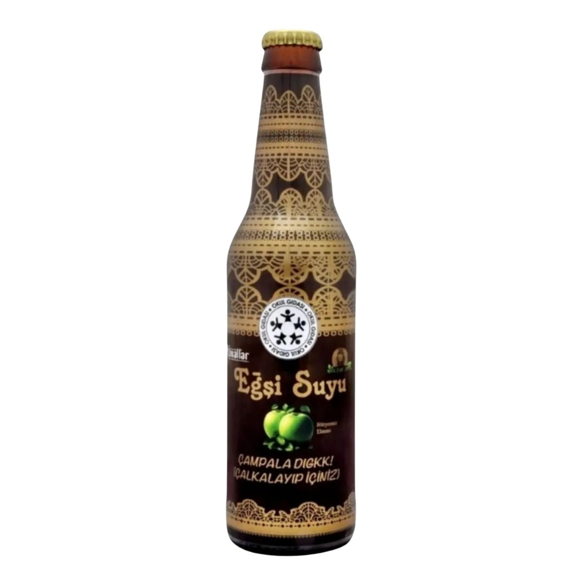 A 330ml glass bottle of Unallar Sour Apple Water, featuring a decorative brown label with green plums and Turkish text, delivers a refreshing, sugar-free sparkling taste. A 330ml glass bottle of Unallar Sour Apple Water, featuring a decorative brown label with green plums and Turkish text, delivers a refreshing, sugar-free sparkling taste.