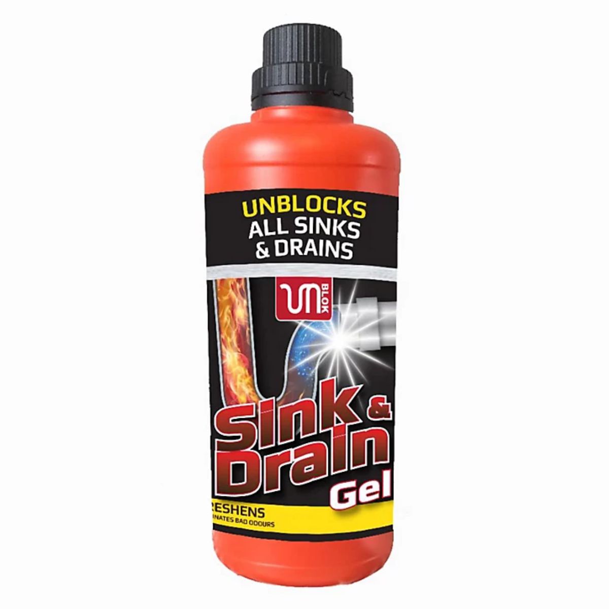 A bottle of Unblok - Sink & Drain Unblocker Gel - 1L with a label stating it unblocks all sinks and drains, featuring fiery and spark graphics.