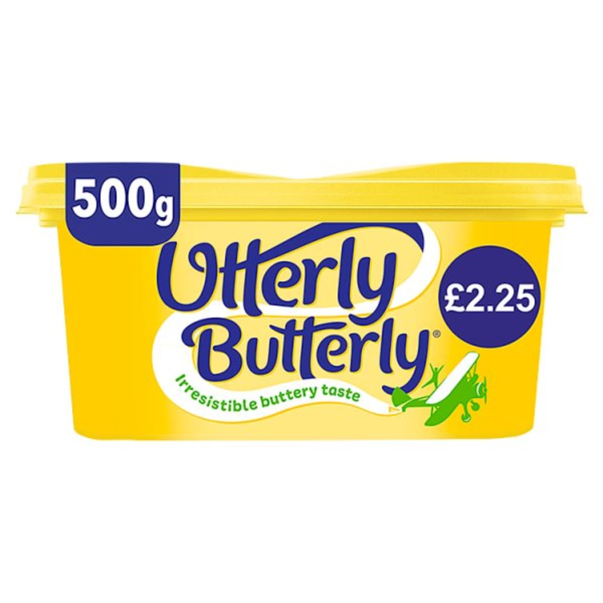 A yellow tub of Utterly Butterly - Spread - 500g. A yellow tub of Utterly Butterly - Spread - 500g.