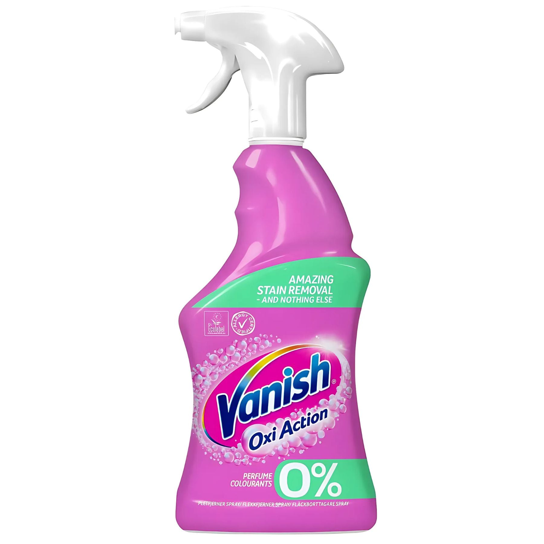 A pink 700 ml Vanish Oxi Action Fabric Stain Remover Spray with a white nozzle and green label highlighting 0% perfumes and colourants; ideal for removing tough fabric stains. A pink 700 ml Vanish Oxi Action Fabric Stain Remover Spray with a white nozzle and green label highlighting 0% perfumes and colourants; ideal for removing tough fabric stains.