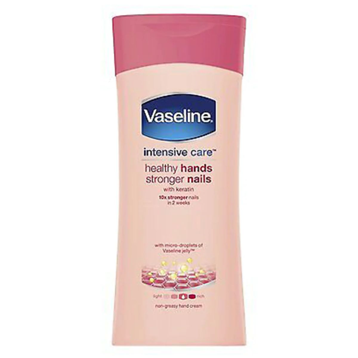 A bottle of Vaseline - Intensive Care Hand Plus Nail Cream - 200ml for healthy, stronger nails.
