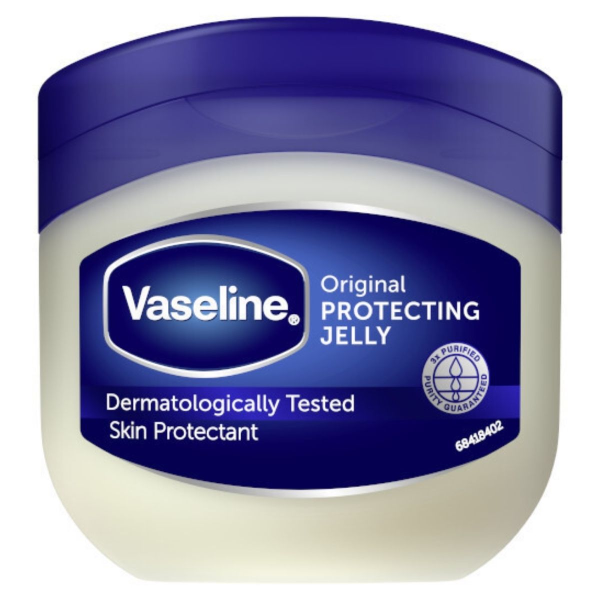 A 50ml container of Vaseline Petroleum Jelly with a blue lid and "Dermatologically Tested Skin Protectant" label. A 50ml container of Vaseline Petroleum Jelly with a blue lid and "Dermatologically Tested Skin Protectant" label.