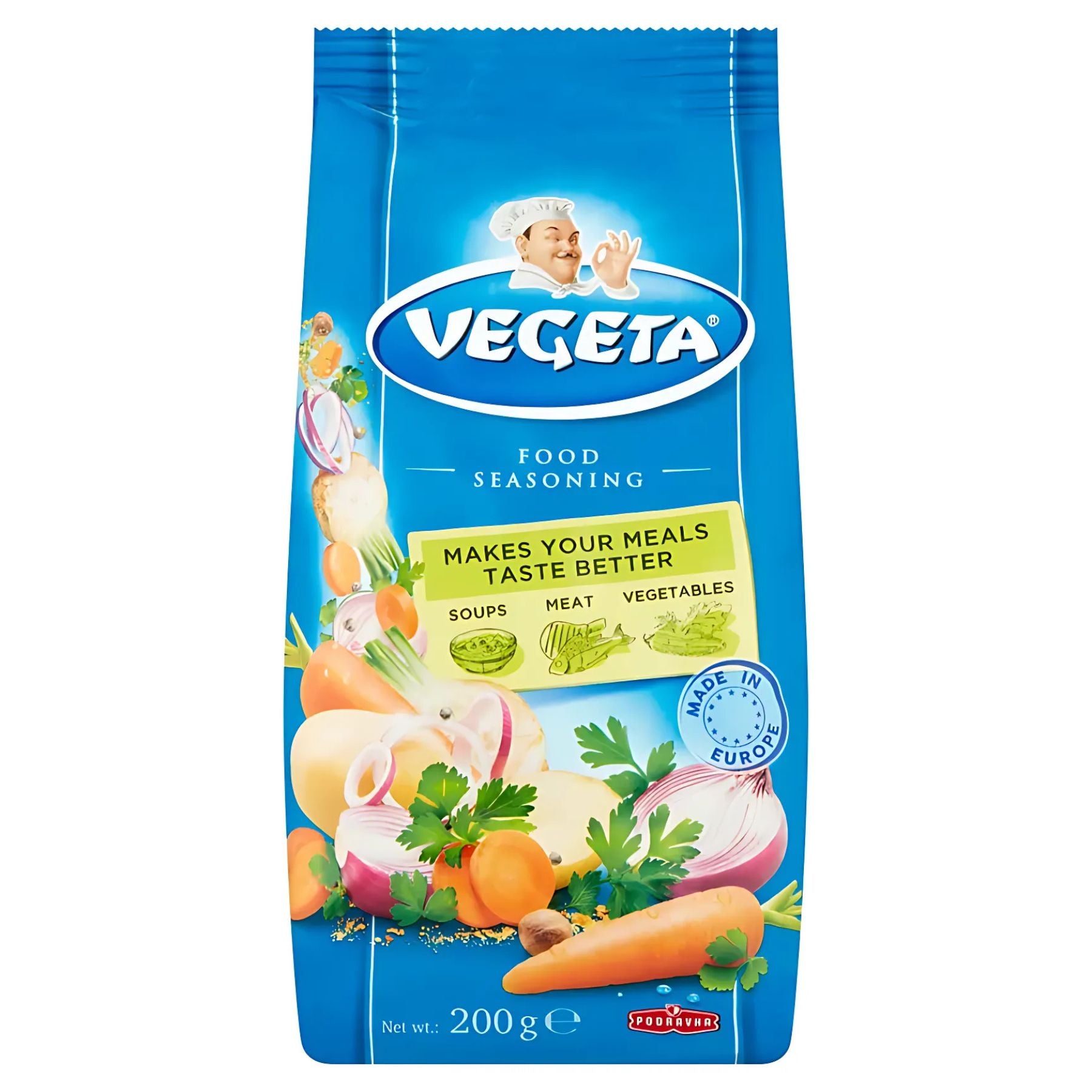A 200g blue packet of Vegeta - Food Vegetable Seasoning with flavour enhancers, featuring images of vegetables, celery, and a chef illustration on the packaging. A 200g blue packet of Vegeta - Food Vegetable Seasoning with flavour enhancers, featuring images of vegetables, celery, and a chef illustration on the packaging.