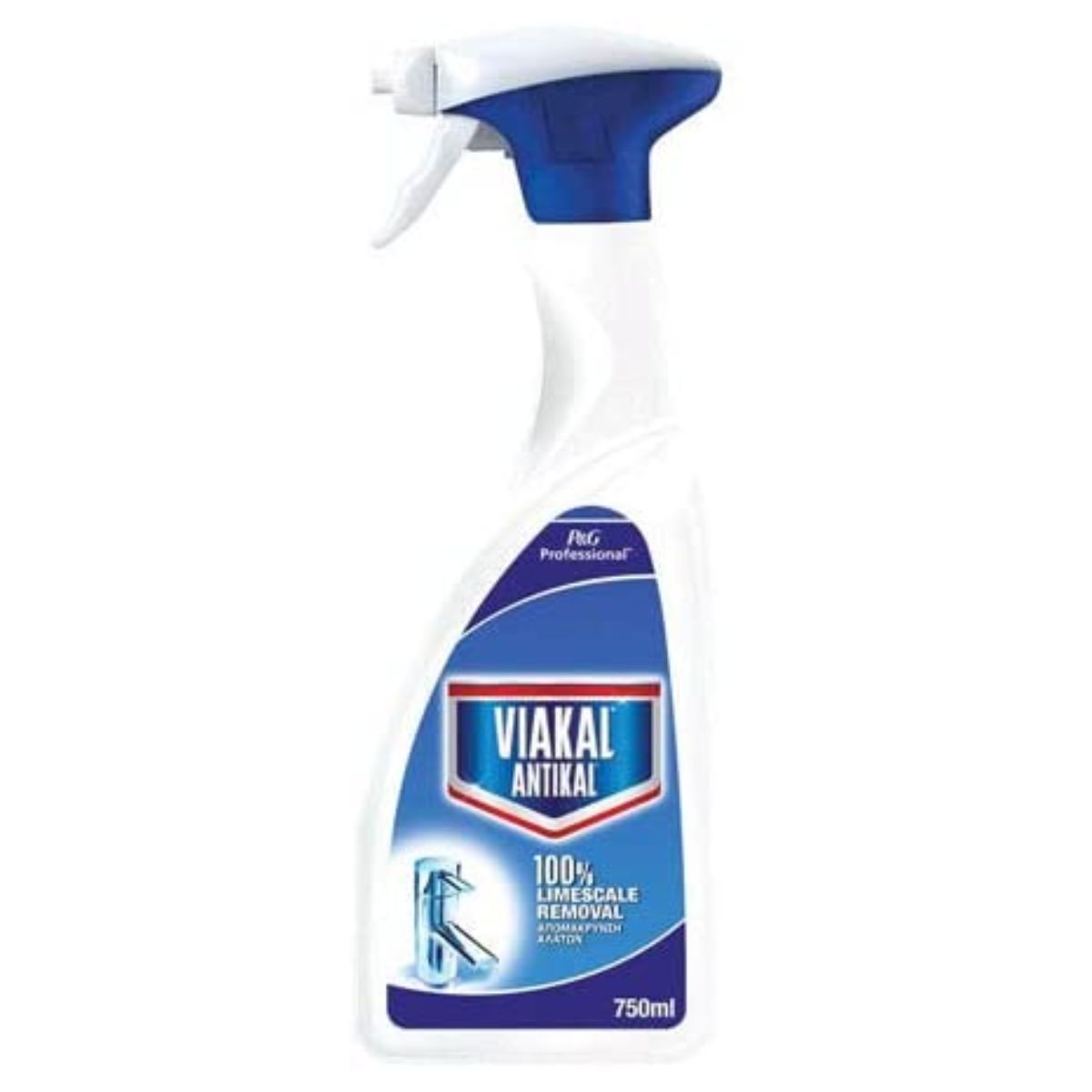 A Viakal - Remover Spray - 750ml bottle with a blue lid. A Viakal - Remover Spray - 750ml bottle with a blue lid.