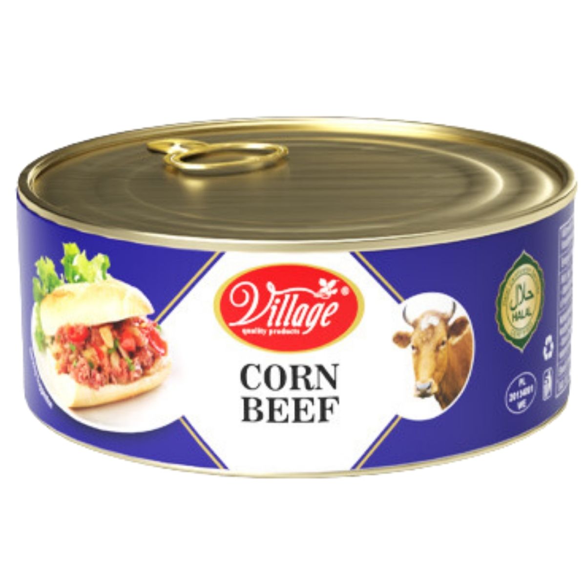 A 300g can of Village Corned Beef, adorned with images of a sandwich and a cow, along with halal certification on the label. A 300g can of Village Corned Beef, adorned with images of a sandwich and a cow, along with halal certification on the label.