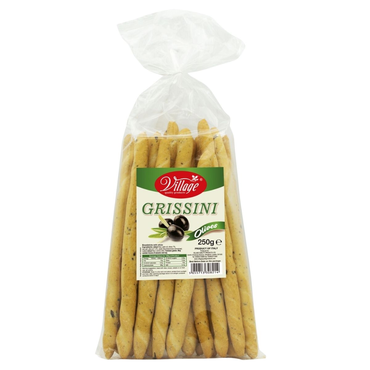 A transparent plastic bag filled with multiple olive-flavored grissini breadsticks, labeled "Village - Grissini Olives - 250g. A transparent plastic bag filled with multiple olive-flavored grissini breadsticks, labeled "Village - Grissini Olives - 250g.