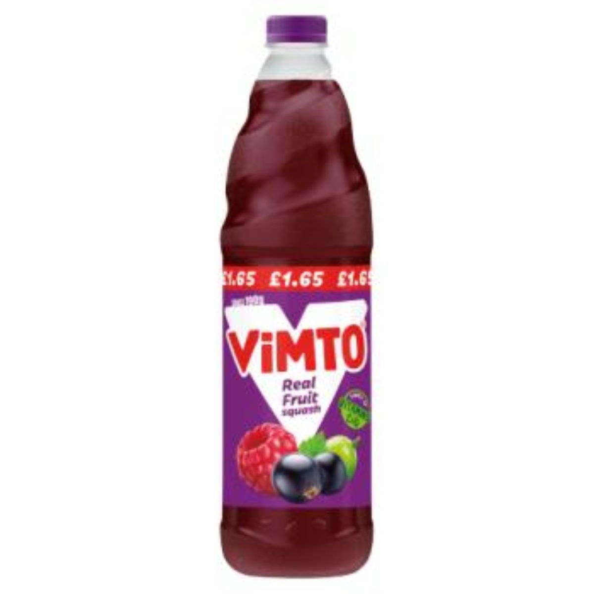 A bottle of Vimto - Real Fruit Squash - 725ml with blackberries and raspberries.