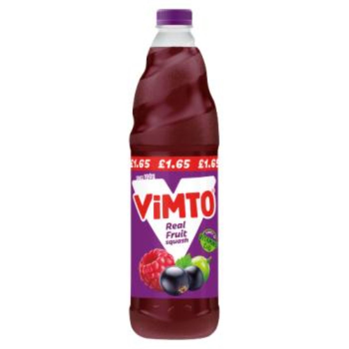 A bottle of Vimto - Real Fruit Squash - 725ml with blackberries and raspberries. A bottle of Vimto - Real Fruit Squash - 725ml with blackberries and raspberries.