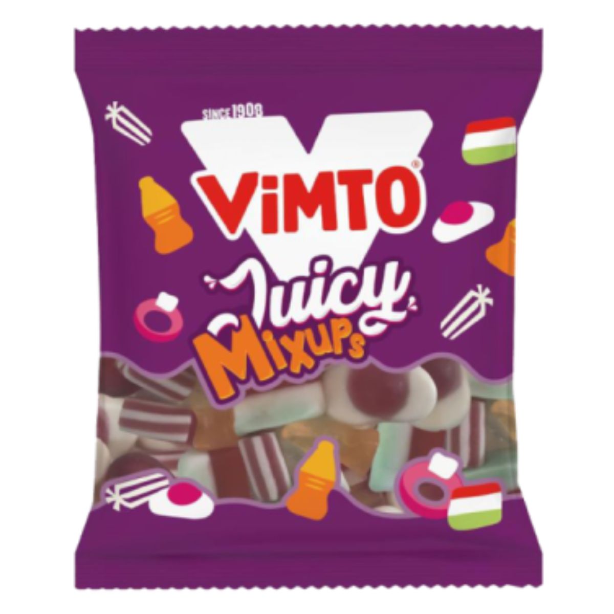 A package of "Vimto - Juicy Mixups - 130g" candies featuring various shapes and colors.