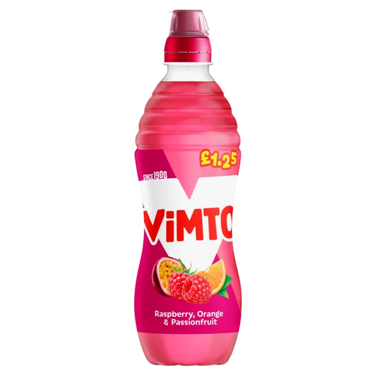 A bottle of Vimto - Orange Raspberry and Passion Fruit - 500ml with a pink label. A bottle of Vimto - Orange Raspberry and Passion Fruit - 500ml with a pink label.
