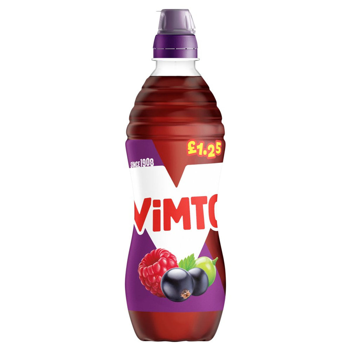 A bottle of Vimto - Original - 500ml with blackberries and raspberries on a white background. A bottle of Vimto - Original - 500ml with blackberries and raspberries on a white background.