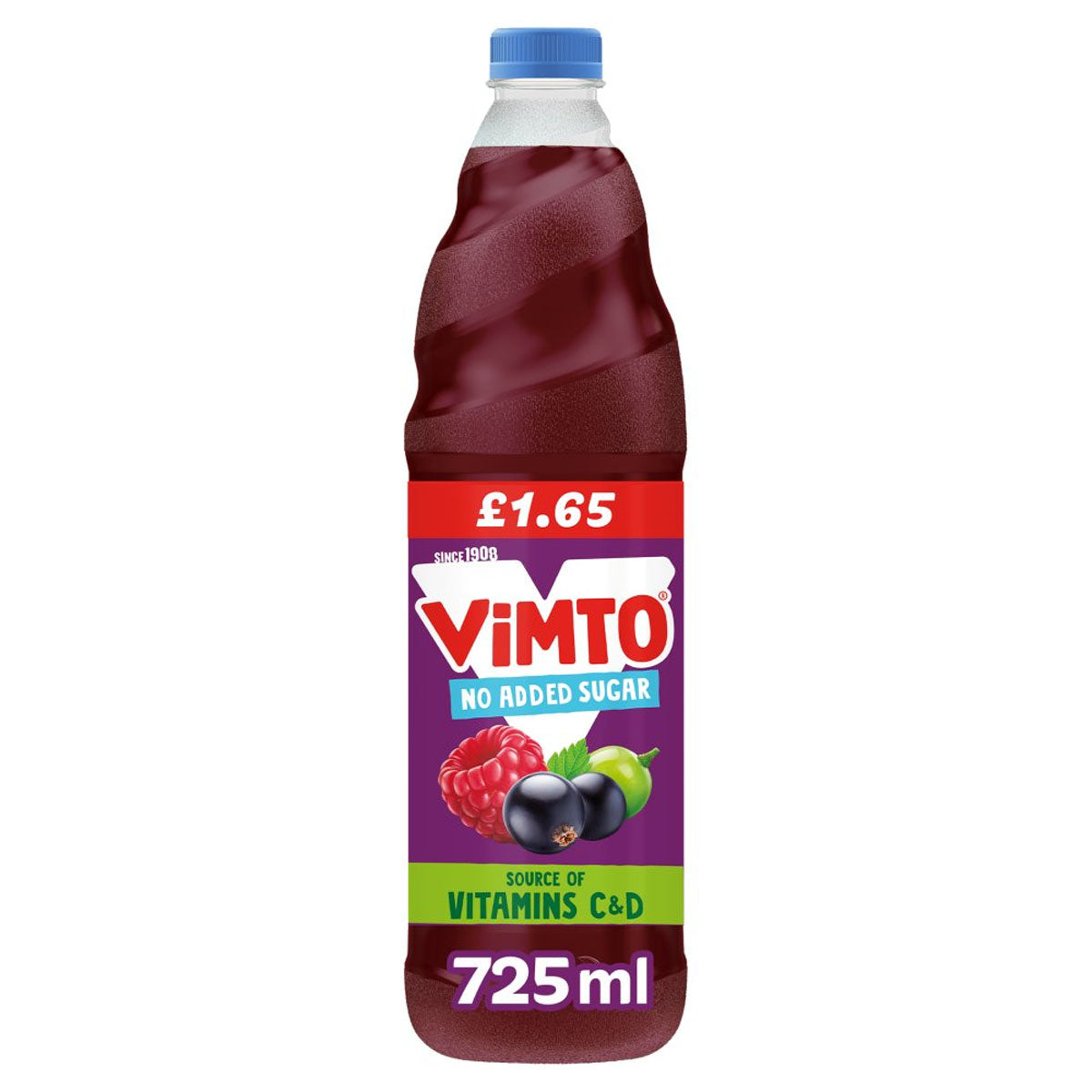A bottle of Vimto - Real Fruit Squash No Added Sugar - 725ml with berries on it.