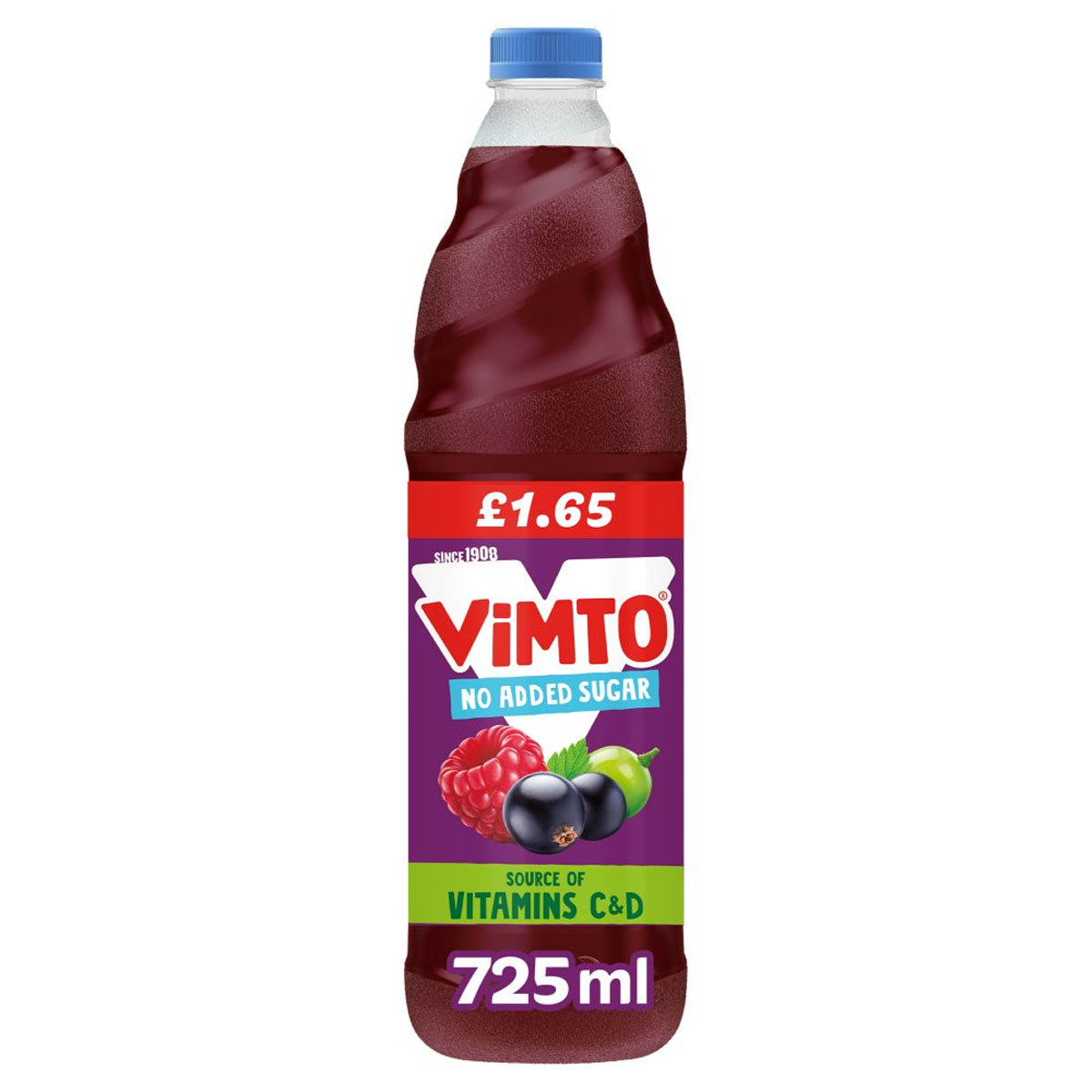 A bottle of Vimto - Real Fruit Squash No Added Sugar - 725ml with berries on it. A bottle of Vimto - Real Fruit Squash No Added Sugar - 725ml with berries on it.
