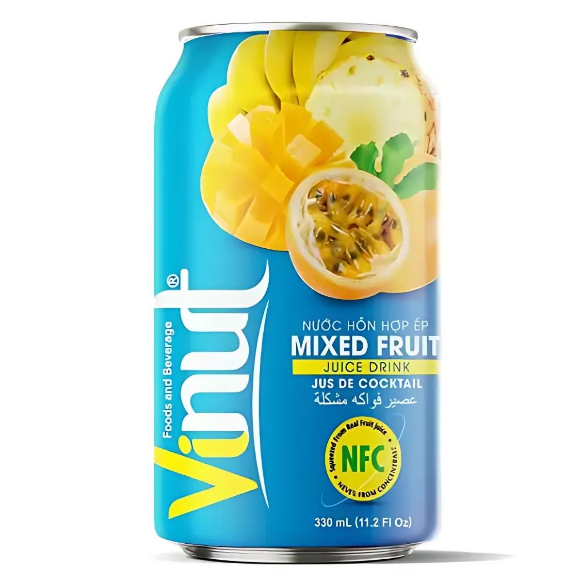 Explore the hydrating Vinut - Mixed Fruit Juice Drink Can, with captivating mango and passion fruit imagery. Each 330ml can offers refreshing delight. Explore the hydrating Vinut - Mixed Fruit Juice Drink Can, with captivating mango and passion fruit imagery. Each 330ml can offers refreshing delight.