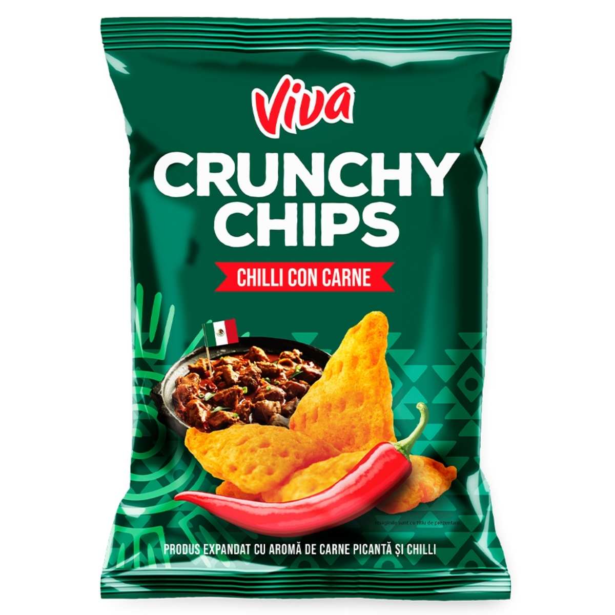 A 100g bag of Viva Crunchy Chips Chilli Con Carne Crisps, with images of crispy chips, chili con carne, a red chili pepper, and bilingual text on a vibrant green background. A 100g bag of Viva Crunchy Chips Chilli Con Carne Crisps, with images of crispy chips, chili con carne, a red chili pepper, and bilingual text on a vibrant green background.