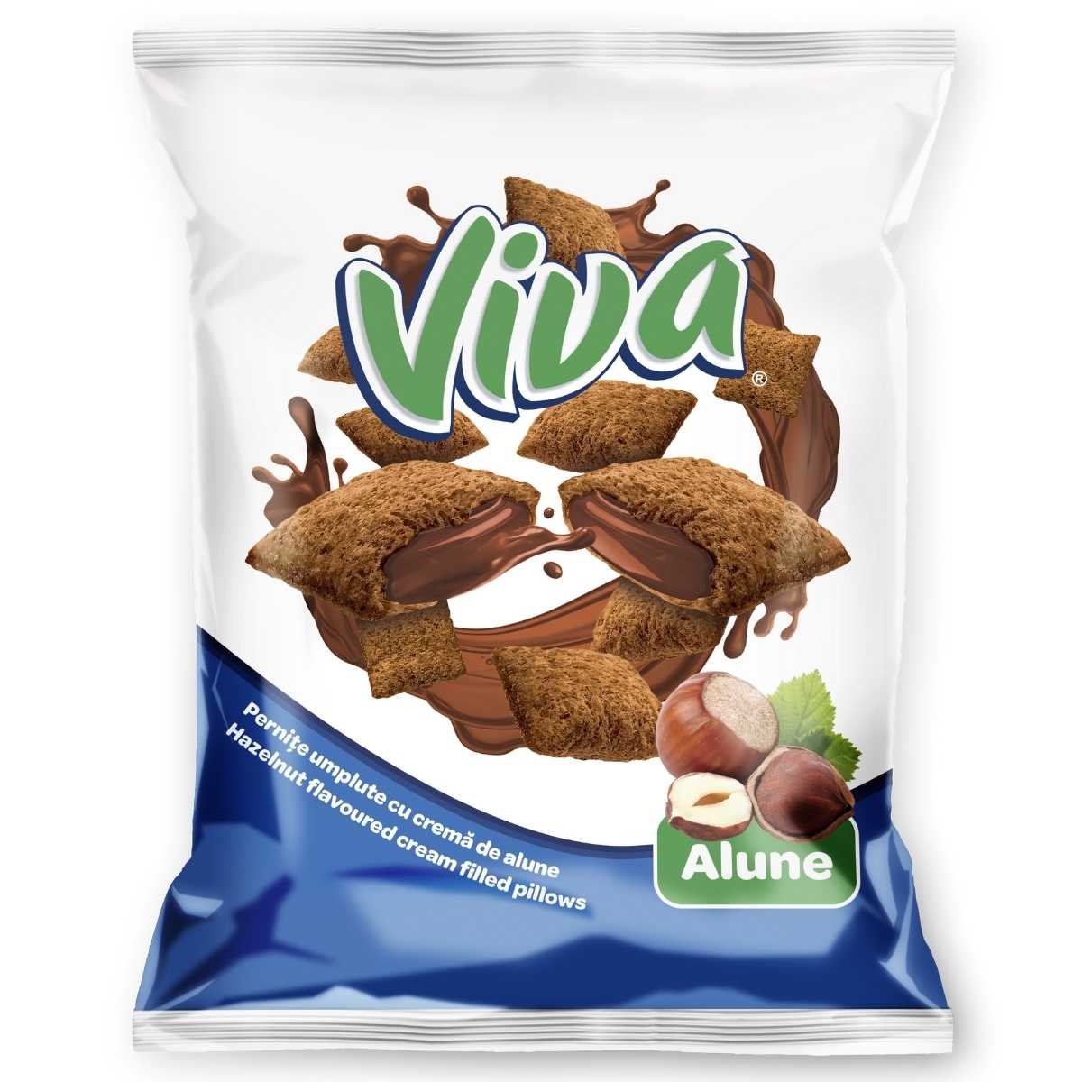 A 200g bag of Viva cereal pillows with hazelnut chocolate cream filling, featuring square pieces labeled "Alune" and designed with hazelnuts and chocolate cream on the packaging. A 200g bag of Viva cereal pillows with hazelnut chocolate cream filling, featuring square pieces labeled "Alune" and designed with hazelnuts and chocolate cream on the packaging.