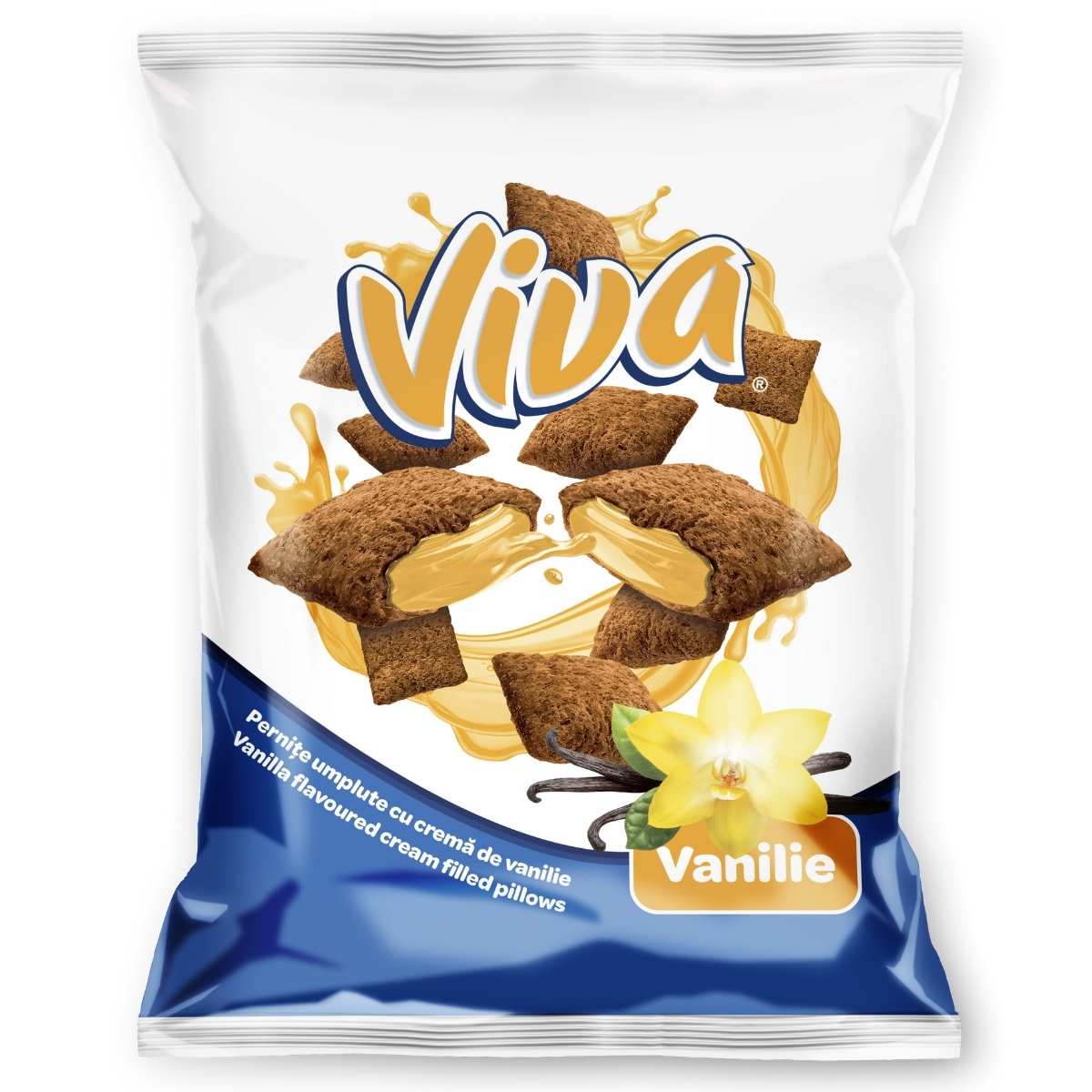 A 200g bag of Viva's square snacks features sweet vanilla cream filling and packaging adorned with a vanilla flower image. A 200g bag of Viva's square snacks features sweet vanilla cream filling and packaging adorned with a vanilla flower image.