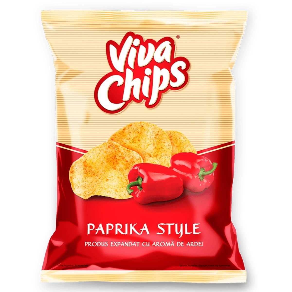 Viva Chips - Paprika Flavoured Crisps, 100g, showcasing a tempting image of crunchy chips with potato and bright red peppers on the packaging. Viva Chips - Paprika Flavoured Crisps, 100g, showcasing a tempting image of crunchy chips with potato and bright red peppers on the packaging.