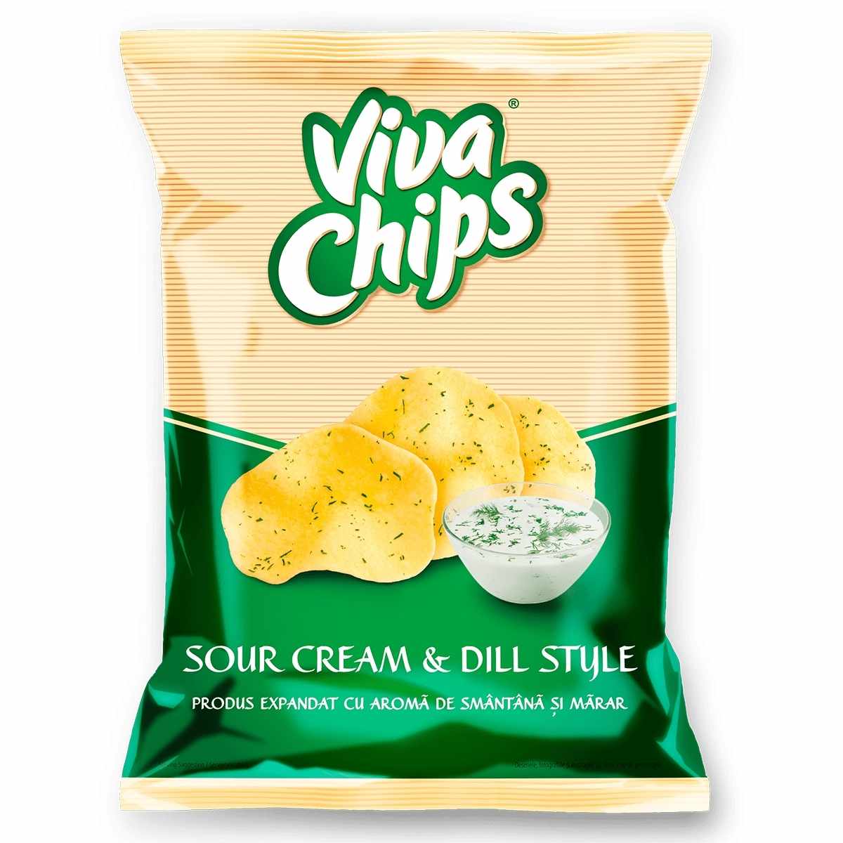 A 100g bag of Viva Chips - Sour Cream & Dill Crisps, with an image of crisps and a dip bowl on the front. A 100g bag of Viva Chips - Sour Cream & Dill Crisps, with an image of crisps and a dip bowl on the front.