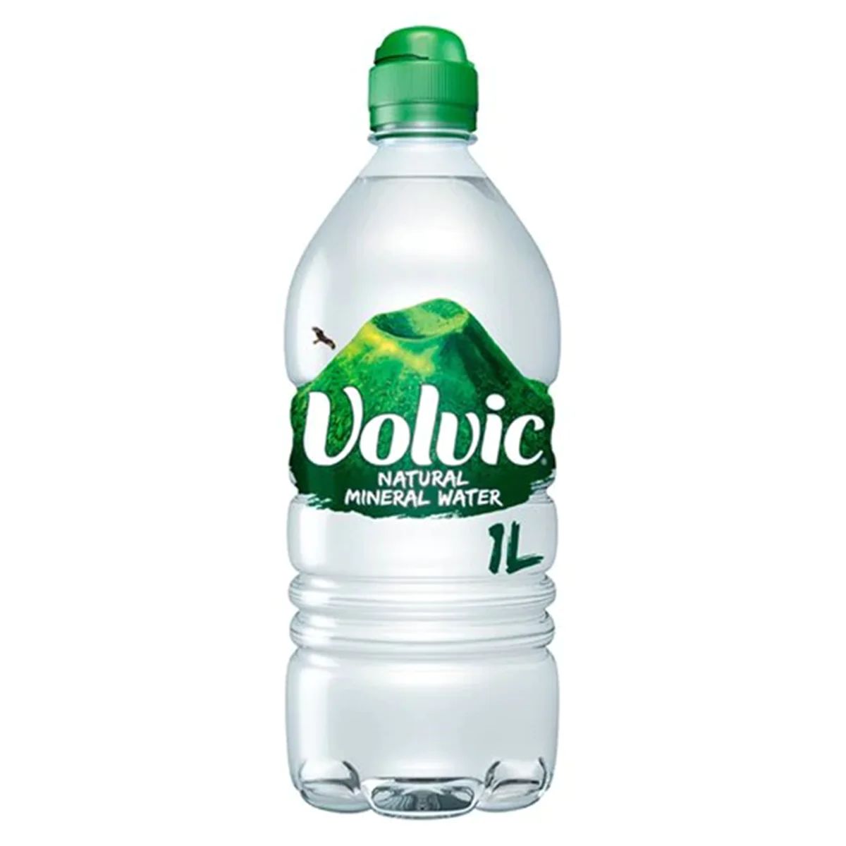 A 1-liter bottle of Volvic - Sports Cap Natural Mineral Water with a green cap. A 1-liter bottle of Volvic - Sports Cap Natural Mineral Water with a green cap.