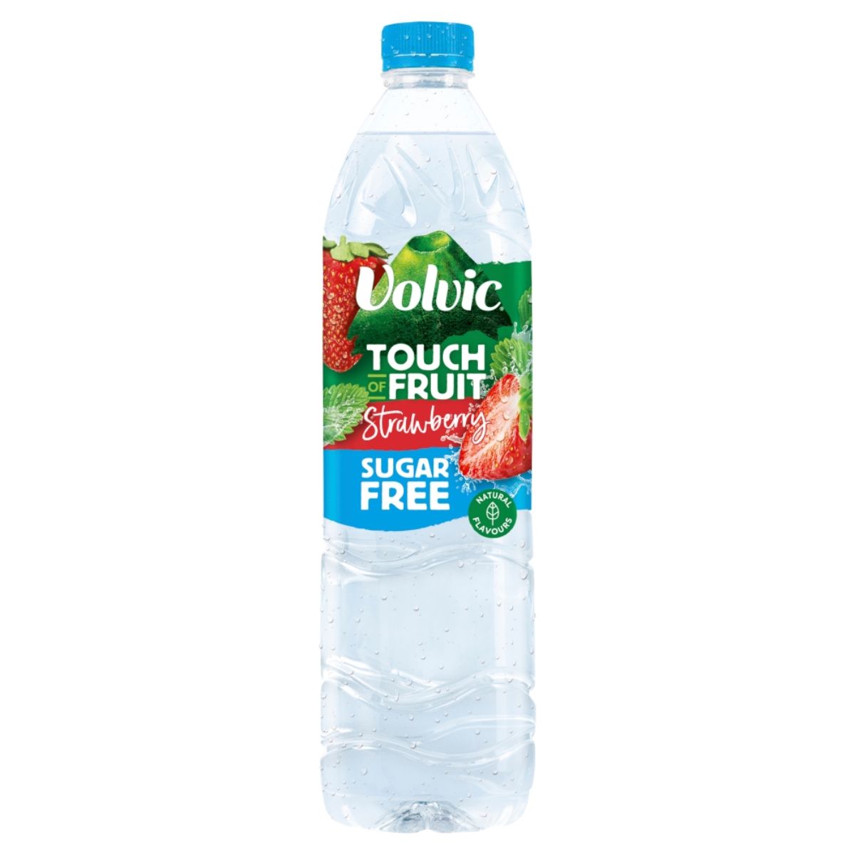 A bottle of Volvic Touch of Fruit Strawberry Sugar Free - 1.5L water on a white background. A bottle of Volvic Touch of Fruit Strawberry Sugar Free - 1.5L water on a white background.