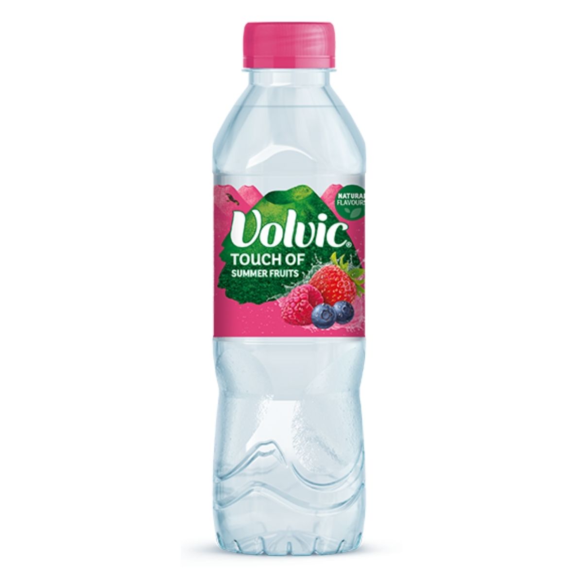 A 500ml Volvic - Touch of Summer Fruits bottle with a pink cap and a fruity label—a refreshing summer fruit flavored drink from Volvic. A 500ml Volvic - Touch of Summer Fruits bottle with a pink cap and a fruity label—a refreshing summer fruit flavored drink from Volvic.